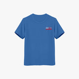 A blue short-sleeved crew neck t-shirt for kids with a graphic of the American flag on the upper left front side.