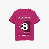 A pink crew neck t-shirt with a graphic print of a soccer ball and the text 'PLAY FOOTBALL' on the front.