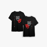 Two black organic cotton men's t-shirts with a graphic design of a drama mask and the word 'DRAMA' printed in red on the front.