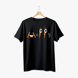 A black organic cotton men's t-shirt with the word 'Happy' printed in a stylized font on the front, hanging on a hanger.