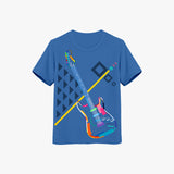 A blue short-sleeved kids' t-shirt with a graphic of a colorful guitar and geometric shapes.
