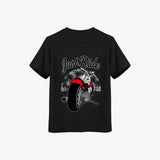 Black t-shirt with a motorcycle graphic and 'Just Ride' text on a white background