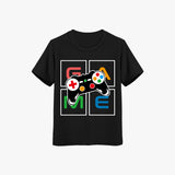 A black short-sleeved crew neck t-shirt with a graphic print of a game controller in multi-colored squares.
