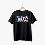 Men's black organic cotton t-shirt with a graphic print of the London skyline and the word 'LONDON' in bold letters, featuring the Union Jack.