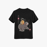 Black t-shirt with a graphic of a child riding a bear and text on a white background