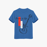 A blue crew neck t-shirt with a graphic of a guitar and the phrase 'Music is Life' printed on the front.
