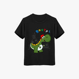 Black t-shirt with a green dinosaur graphic and 'ROAR!' text on a white background