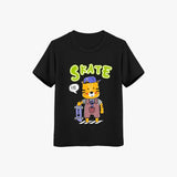 Black t-shirt with a cartoon cat graphic and 'SKATE' text on a white background