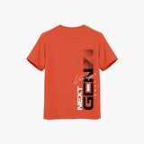 An orange crew neck t-shirt with text and geometric pattern on the front.