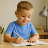 Child in a blue shirt writing in a notebook with pencils on a table.