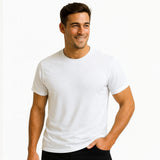 Man wearing a plain white t-shirt on a white background